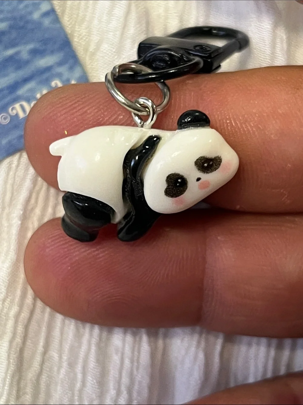 Vintage Black & White Panda Key & Card Holder Charm with Beige Bell